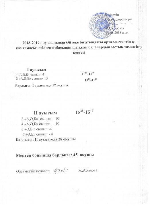 Әйтеке би атындағы орта мектептің ыстық тамақ туралы мәліметтер 2018-2019 оқу жылы