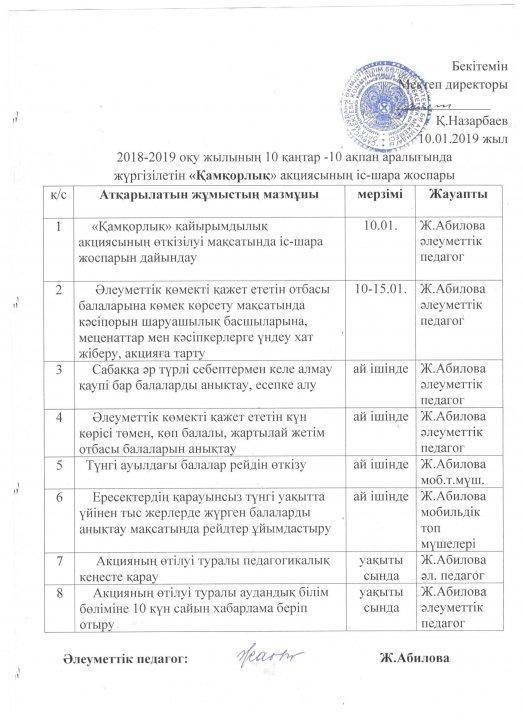 2018-2019 оқу жылының 10 қаңтар-10 ақпан аралығындағы жүргізілетін  "Қамқорлық" акциясының іс-шара жоспары