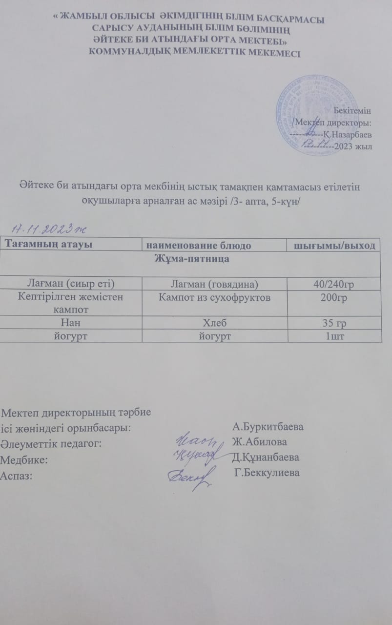 2023 жылдың 17 қараша күнгі ас мәзірі