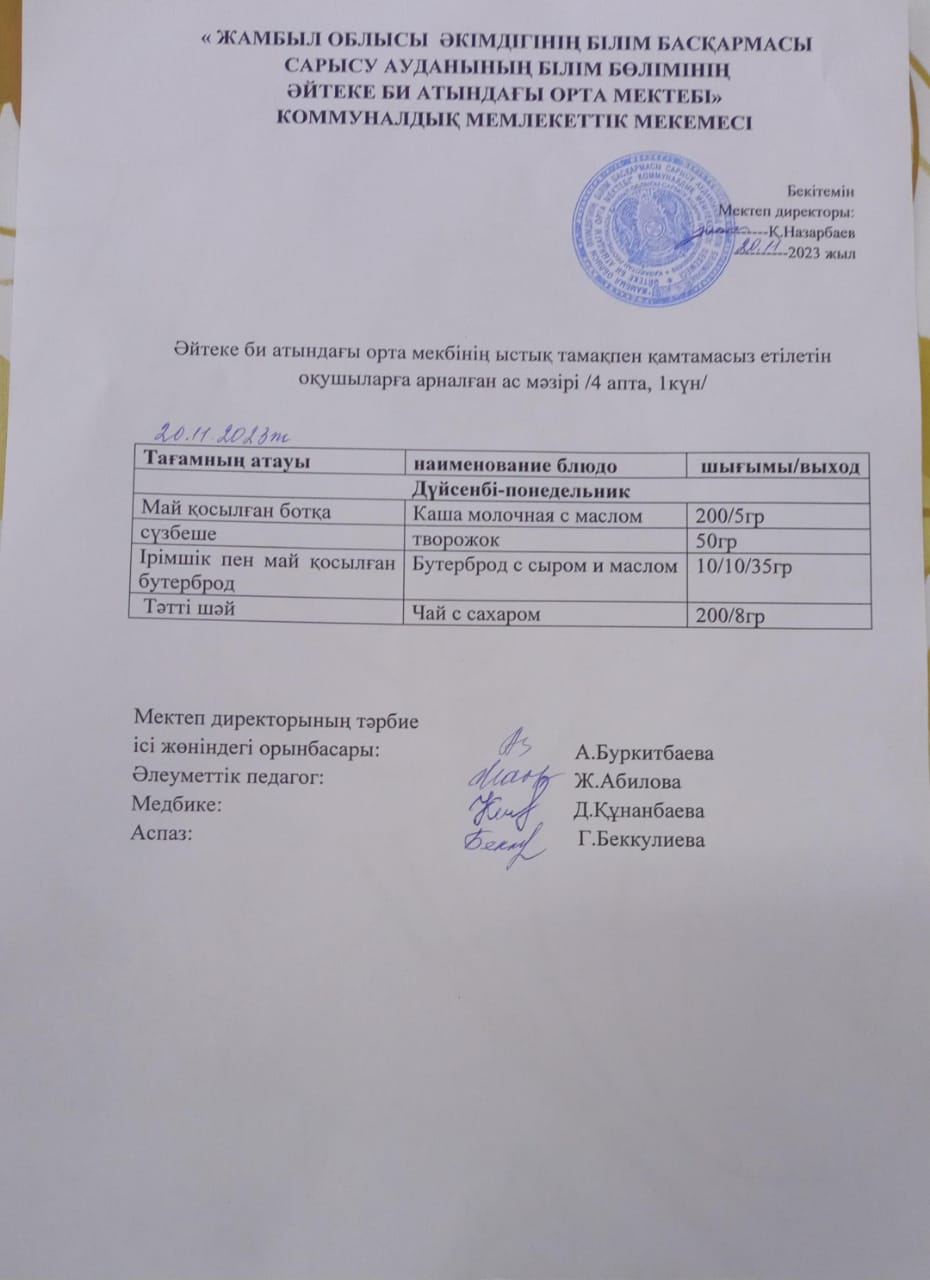 2023 жылдың  20 қараша күнгі ас мәзірі