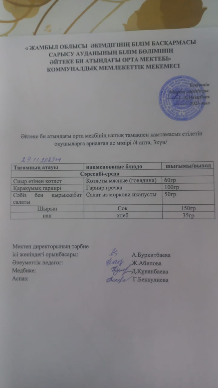2023 жылдың  29 қараша күнгі ас мәзірі