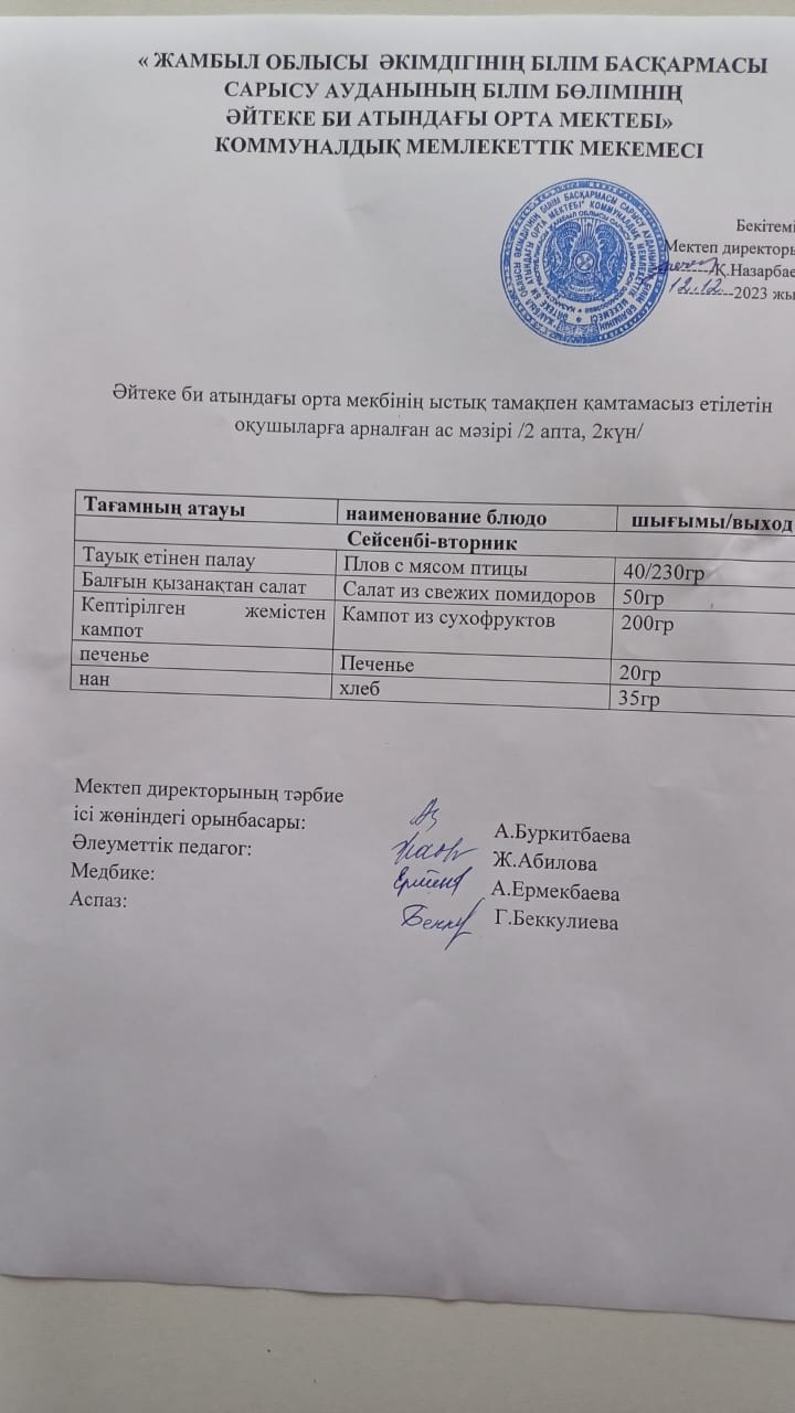 2023 жылдың 12 желтоқсан күнгі ас мәзірі