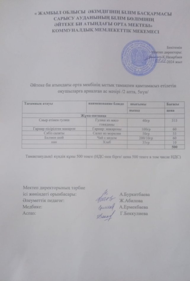 2024 жылдың 09 ақпан күнгі ас мәзірі