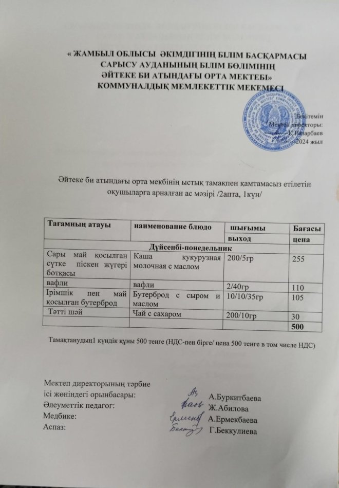 2024 жылдың 06 мамыр күнгі ас мәзірі