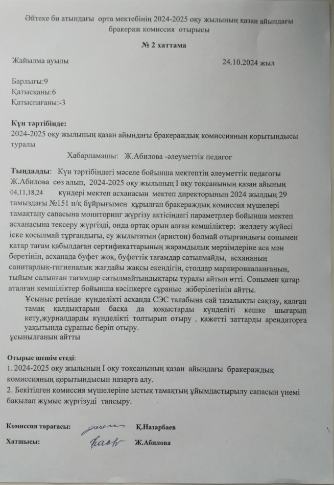 Әйтеке би атындағы орта мектептің 2024-2025 оқу жылындағы бракераждық комиссия мүшелерінің мектеп асханасына жүргізген зерделеу актілері бойынша қазан айындағы анықтамасы мен отырысының хаттамасы