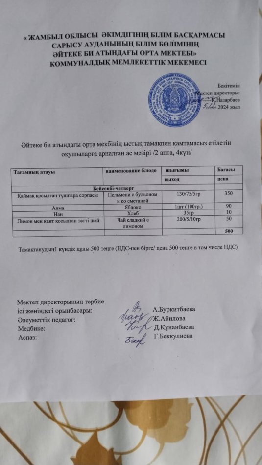 2024 жылдың 5 желтоқсан күнгі ас мәзірі