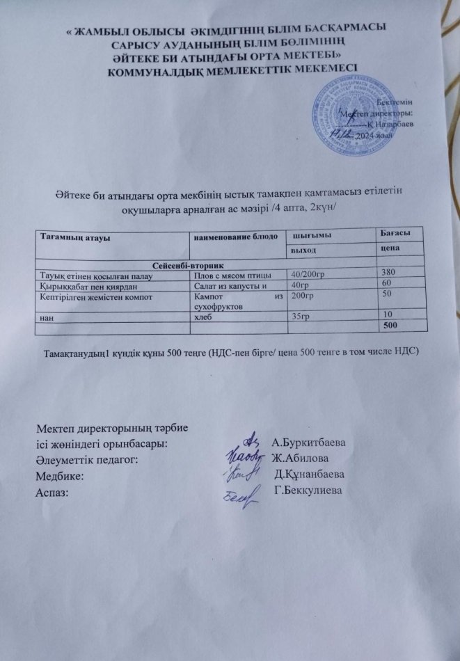 2024 жылдың 17 желтоқсан күнгі ас мәзірі