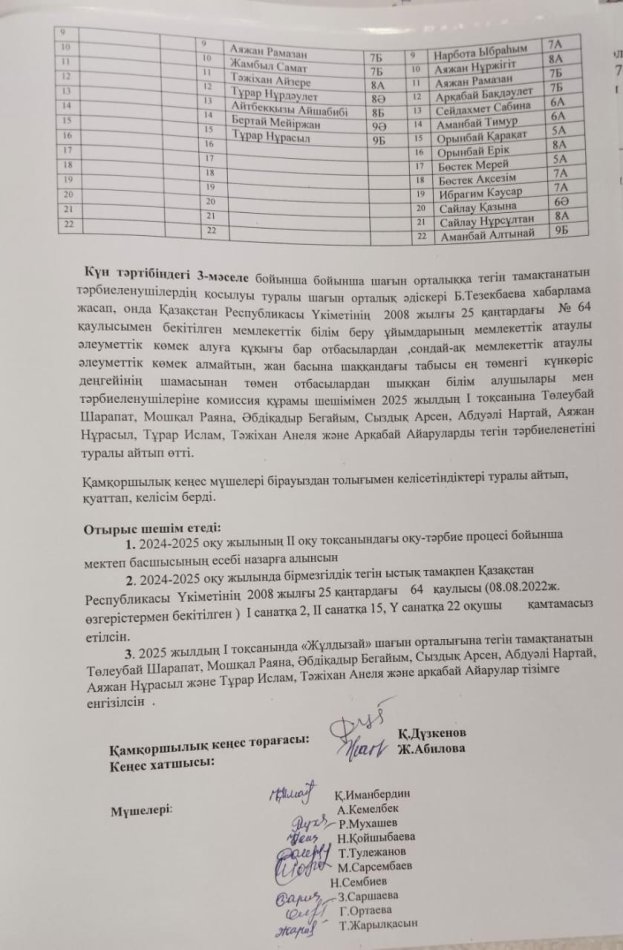 2025 жылдың 06 қаңтары күні камқоршылық кеңес мүшелерінің алдында мектеп директоры Ф.Турсынбекованың 2024-2025 оқу жылының ІІ оқу тоқсанындағы оқу- тәрбие процесі бойынша есебі тыңдалды.