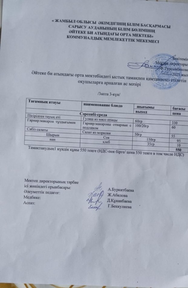 2025 жылдың 09 сәуір күнгі ас мәзірі