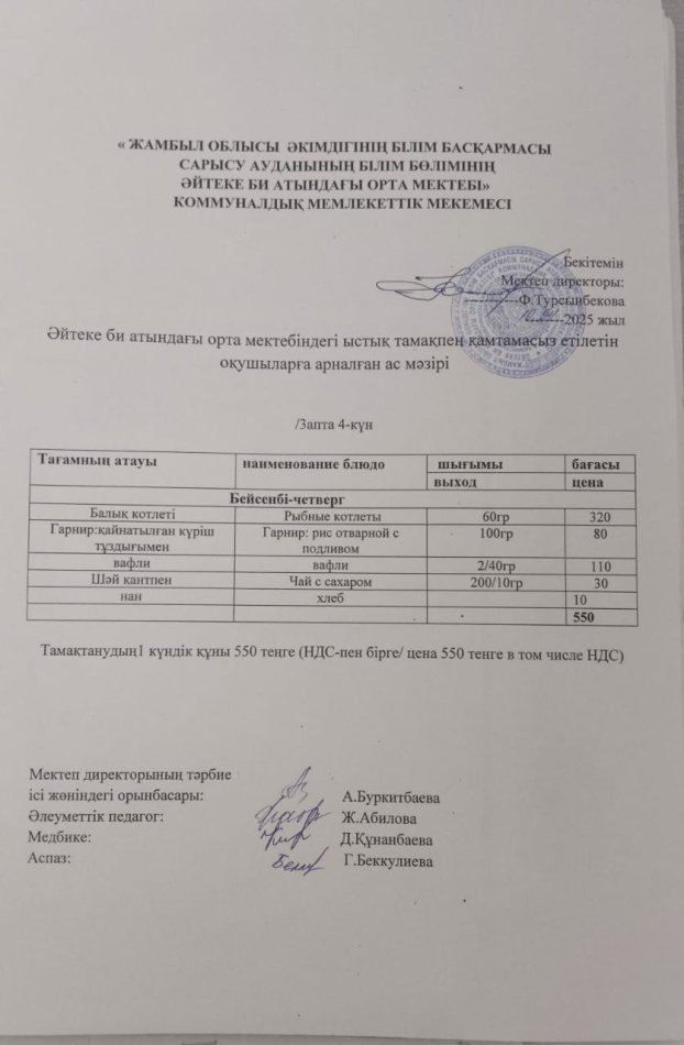 2025 жылдың 10 сәуір күнгі ас мәзірі