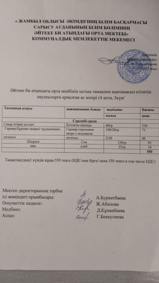 2025 жылдың 18 сәуір күнгі ас мәзірі